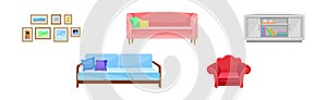 Sofa, Wall Pictures, Armchair and Bookshelf as Furniture Items Vector Set