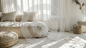 sofa, walls and floors are adorned with flowing white linen curtains, topped with a carpet, and accented by a wicker