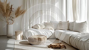 sofa, walls and floors are adorned with flowing white linen curtains, topped with a carpet, and accented by a wicker