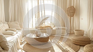 sofa, walls and floors are adorned with flowing white linen curtains, topped with a carpet, and accented by a wicker