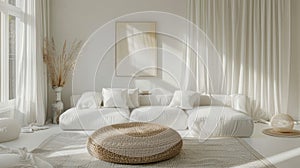 sofa, walls and floors are adorned with flowing white linen curtains, topped with a carpet, and accented by a wicker