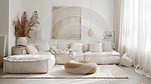 sofa, walls and floors are adorned with flowing white linen curtains, topped with a carpet, and accented by a wicker