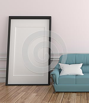 Sofa and white picture frame. 3D rendering