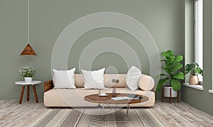 Sofa and wood round table in green living room,3D rendering