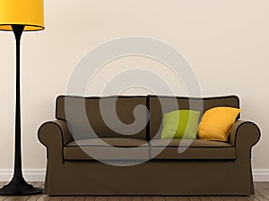 Sofa with a yellow floor lamp