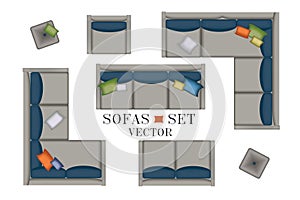 Sofas Armchair Set. Furniture, Pouf, Carpet, TV, Plants, Side Table for Your Interior Design. Flat Vector Illustration. Top View.