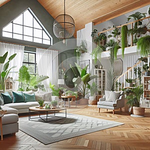 Sofas and Greenery Unite, Transforming the Living Room into a Serene Retreat. Generative ai for illustrations