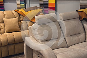 Sofas and upholstery samples in the exhibition hall