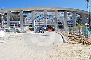 SoFi Stadium and entertainment complex under construction during the Coronavirus pandemic