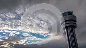 Sofia airport control tower at cloudy sky