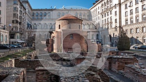 SOFIA, BULGARIA - DECEMBER 20 2016: The 4th century St. George Rotunda, behind some remains of Serdica, Sofia