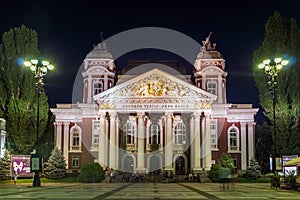 Night photo of National Theatre Ivan Vazov in Sofia, Bulgaria