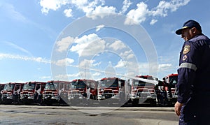 Sofia, Bulgaria - June 9, 2015: New fire trucks are presented to their firefighters