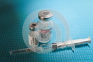 Sofia, Bulgaria Ã¢â¬â NOV 22, 2021: Vials with the Moderna and Janssen Covid-19 vaccine are used at the corona vaccination centres photo