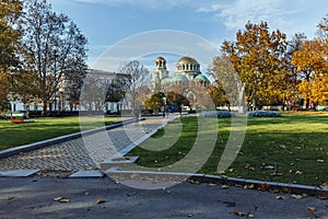 SOFIA, BULGARIA - NOVEMBER 7, 2017: Golden Domes of Cathedral Saint Alexander Nevski in Sofia