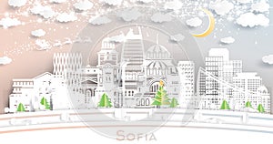 Sofia Bulgaria. Winter city skyline in paper cut style with snowflakes, moon and neon garland. Christmas and new year concept.