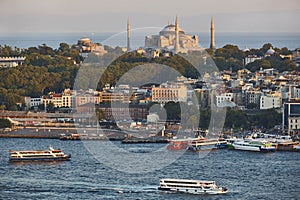 Sofia mosque and bosporus strait. Istanbul skyline. Turkey