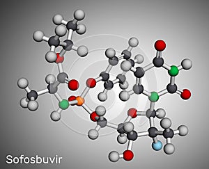 Sofosbuvir molecule. It is antiviral drug, used to treat hepatitis C virus, HCV infections. Molecular model. 3D rendering