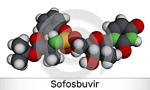 Sofosbuvir molecule. It is antiviral drug, used to treat hepatitis C virus, HCV infections. Molecular model. 3D rendering