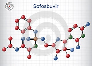 Sofosbuvir molecule. It is antiviral drug, used to treat hepatitis C virus, HCV infections. Structural chemical formula, molecule