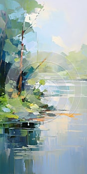 Soft And Airy Impressionist Landscape Painting Of Trees By A Lake