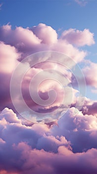 Soft allure Fluffy cumulus clouds dance in serene pink purple skies