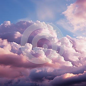 Soft allure Fluffy cumulus clouds dance in serene pink purple skies