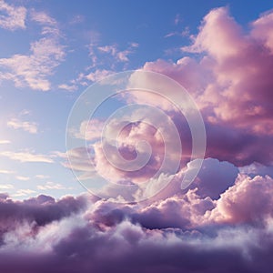 Soft allure Fluffy cumulus clouds dance in serene pink purple skies