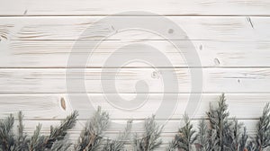 Soft Atmospheric Perspective: White Wood Boards With Pine Branches