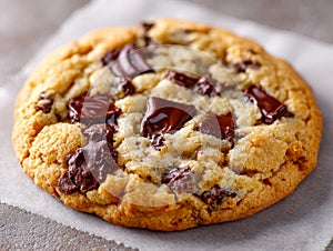 Soft baked cookie loaded with melted dark chocolate chunks resting on parchment paper against a blurred rustic surface background
