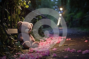 soft bear toy lost on a park path, surrounded by night flowers