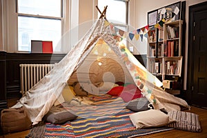 soft blanket and pillow fort, with pillows for seating, in child& x27;s room