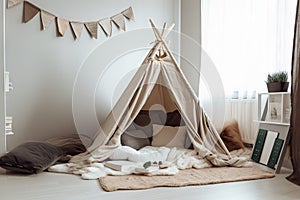 soft blanket and pillow fort, with pillows for seating, in child's room