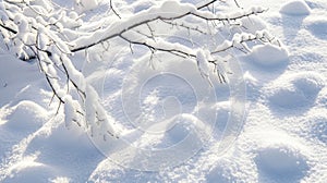 A soft blanket of snow covering tree branches creating a bumpy and layered texture as the snow melts and refreezes