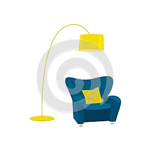 Soft blue armchair and yellow floor lamp for loft-style creative office or cozy apartment. Element of fashionable furniture for