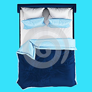 A soft blue double bed with blue and white bed linen on a blue background. Top view. 3d rendering