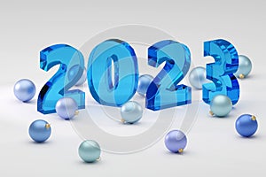 Soft blue glass style Christmas mood sign 2023 Modern Minimal New Year Concept- 3D render Illustration