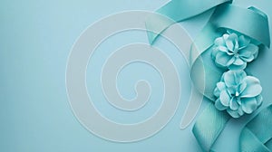 Soft Blue Ribbon and Flowers on Light Blue Background photo