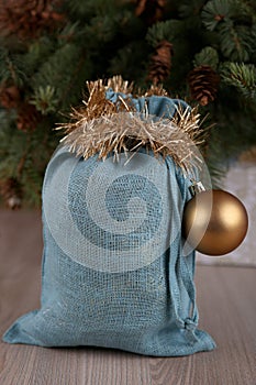 Soft blue Santa bag in Christmas time.