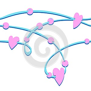 Soft blue string with pink hearts beads on white background valentine day vector seamless pattern