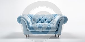 Soft blue velvet tufted loveseat sofa or snuggle chair. Isolated furniture piece for modern luxury living room
