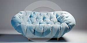 Soft blue velvet tufted loveseat sofa or snuggle chair. Isolated furniture piece for modern luxury living room