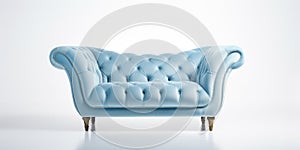 Soft blue velvet tufted loveseat sofa or snuggle chair. Isolated furniture piece for modern luxury living room