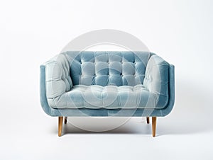 Soft blue velvet tufted loveseat sofa or snuggle chair. Isolated furniture piece for modern luxury living room