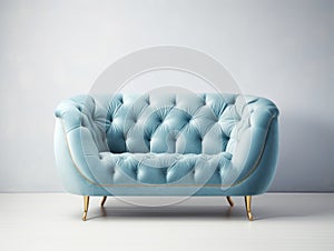 Soft blue velvet tufted loveseat sofa or snuggle chair. Isolated furniture piece for modern luxury living room