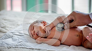 Soft blur of the doctor hands use stethoscope to check newborn baby health and take care him or cure the disease or disorder