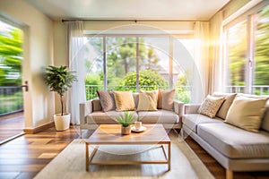 Blurred light living room with sofa photo