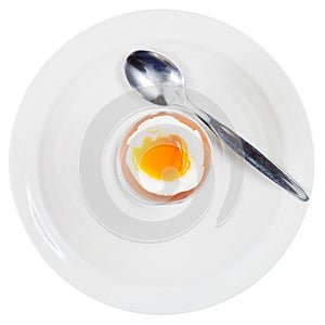 Soft boiled egg in egg cup on white plate