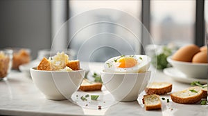Soft-boiled egg in eggcup with crouton on white table