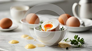 Soft-boiled egg in eggcup on white table